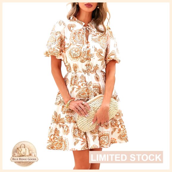 Dresses & Skirts - Boho Floral Mini Dress Tiered Ruffle V Neck Short Sleeve A Line Summer